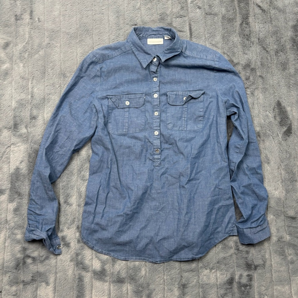 New York & Company Stretch Blue Chambray Popover Shirt Long Sleeve Pockets S